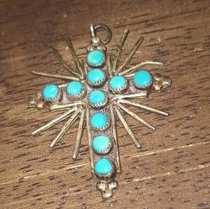 Vintage Zuni Sterling Silver Cross Pendant Snake Eye Turquoise